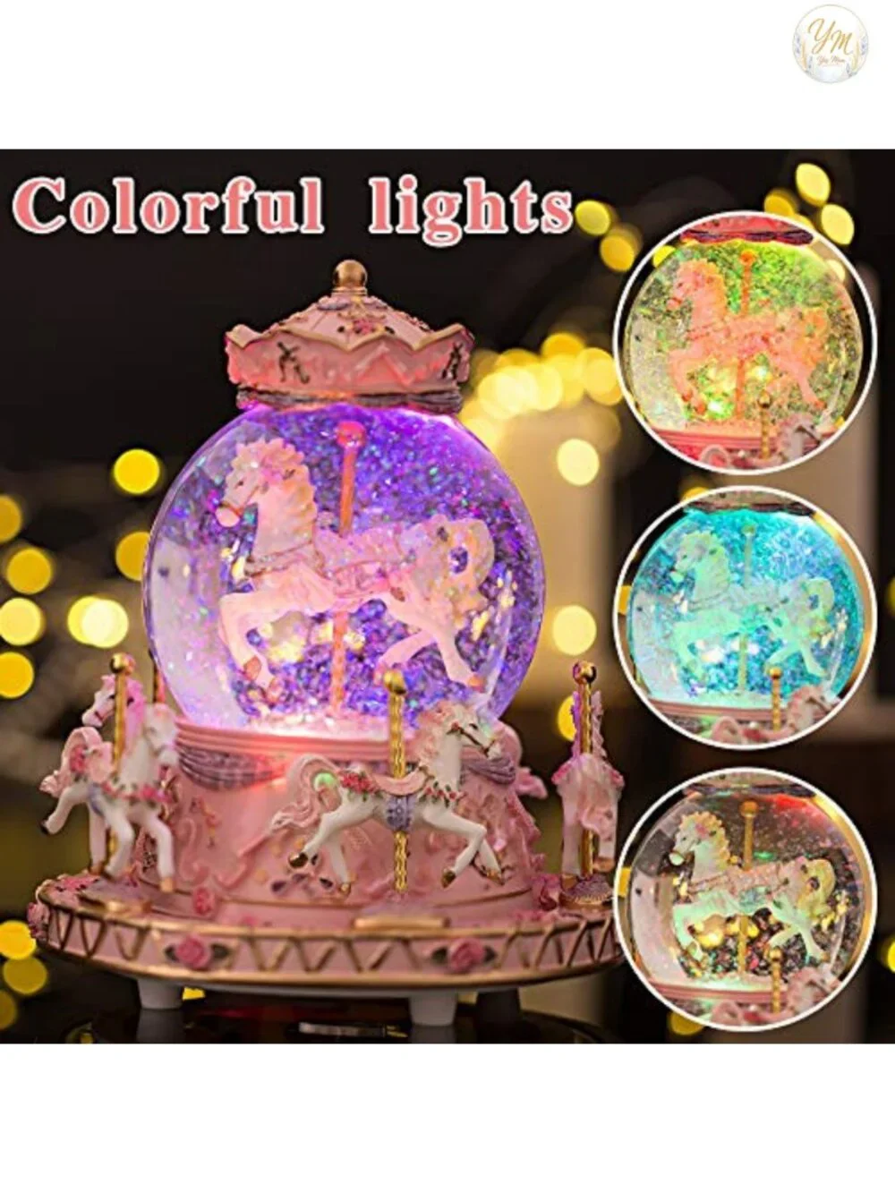Musical Snow Globe Carousel Music Box with LED Lights, Unicorn Decor, Gift for
